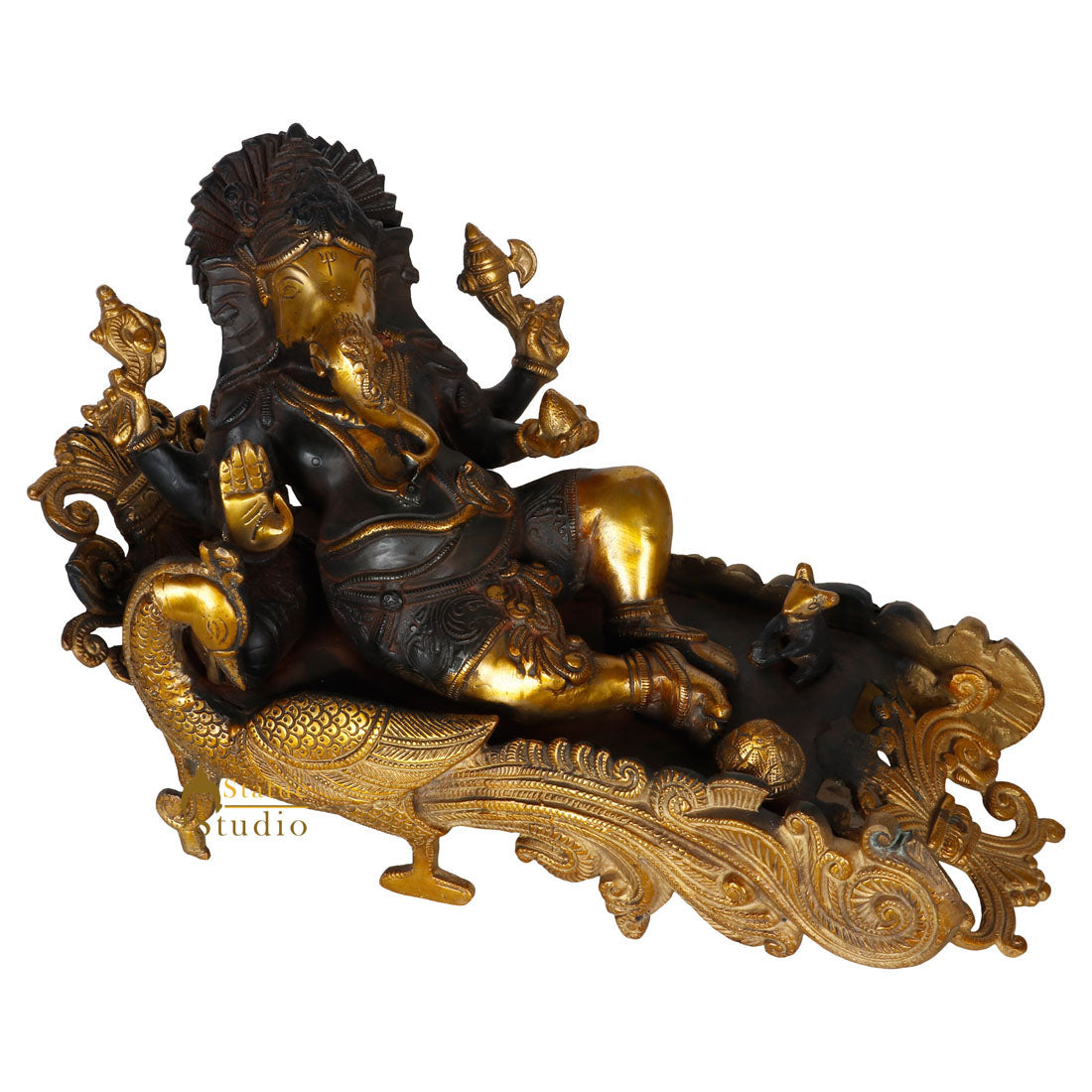 Rare Antique Finish Brass Metal Resting Ganesha Statue Peacock Couch Idol 9"