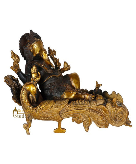Rare Antique Finish Brass Metal Resting Ganesha Statue Peacock Couch Idol 9"