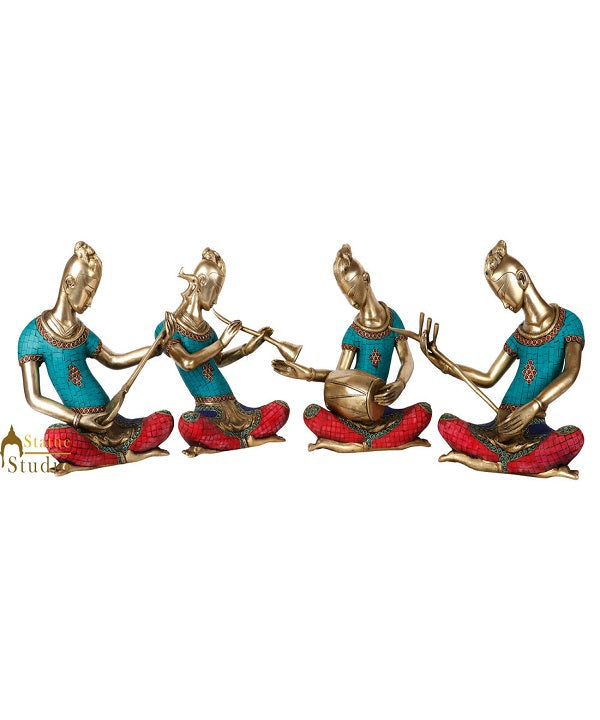 Indian Brass Handicraft Musician 4 pc Set Fine Inlay Décor Showpiece Statue 14" - Eco-friendly - Sama Homes