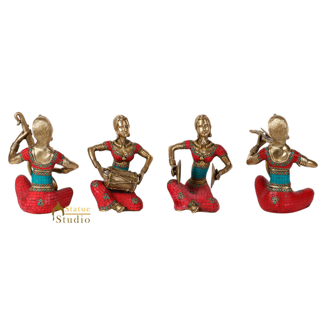 Indian Brass Musician Ladies 4 pc Set Fine Inlay Décor Showpiece Statue 11" - Image 3