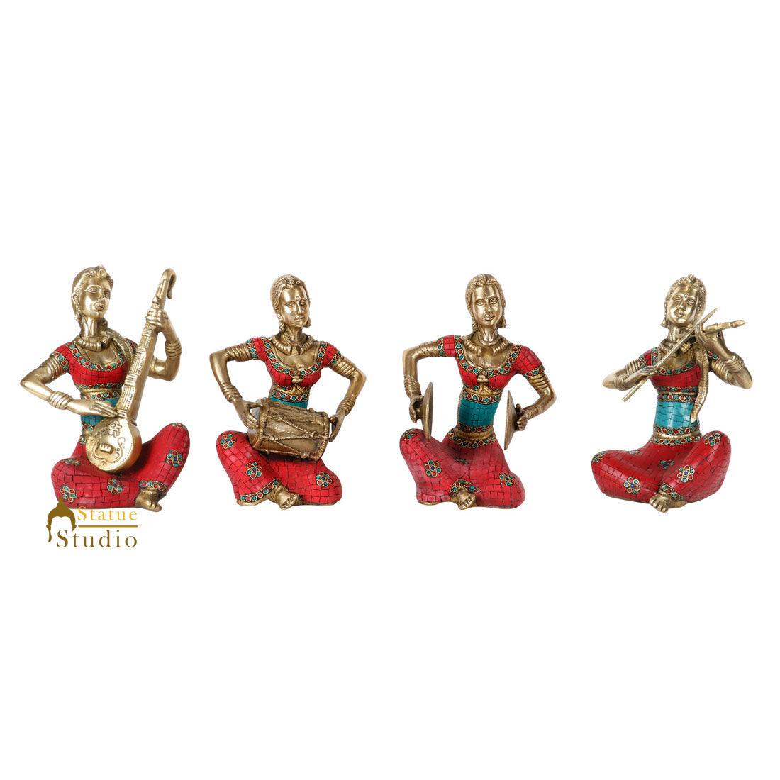 Indian Brass Musician Ladies 4 pc Set Fine Inlay Décor Showpiece Statue 11"
