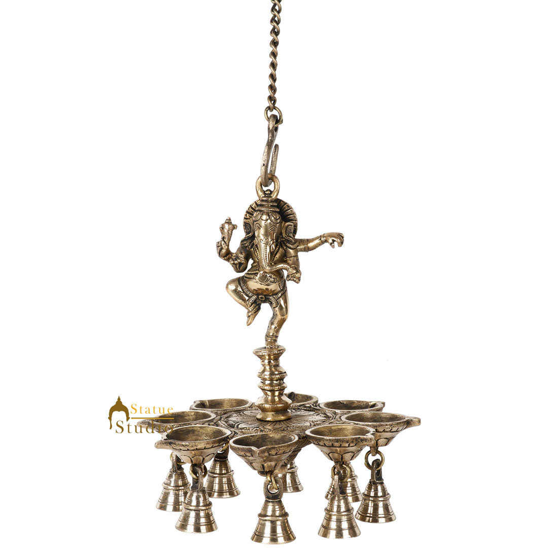 Indian Brass South Indian Style Ganesha Hanging Oil Lamp Ganpati Temple Diya 10" - Image 3