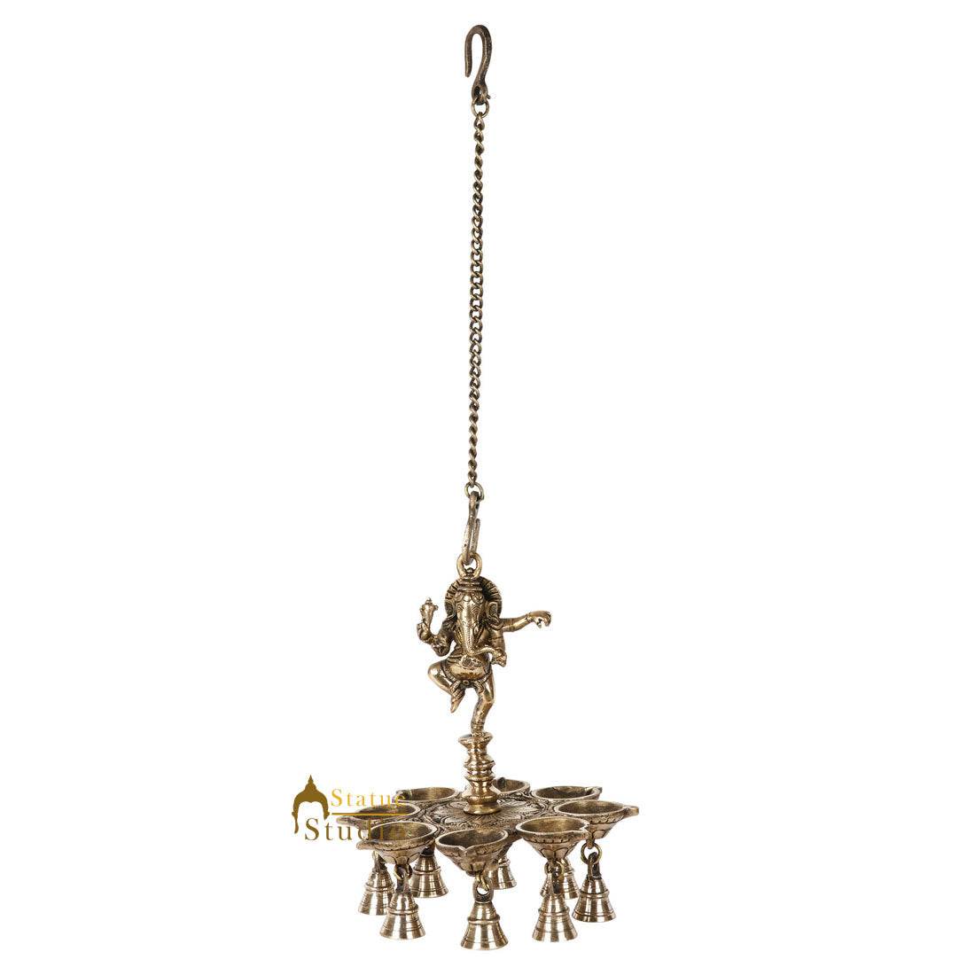 Indian Brass South Indian Style Ganesha Hanging Oil Lamp Ganpati Temple Diya 10" - Image 4