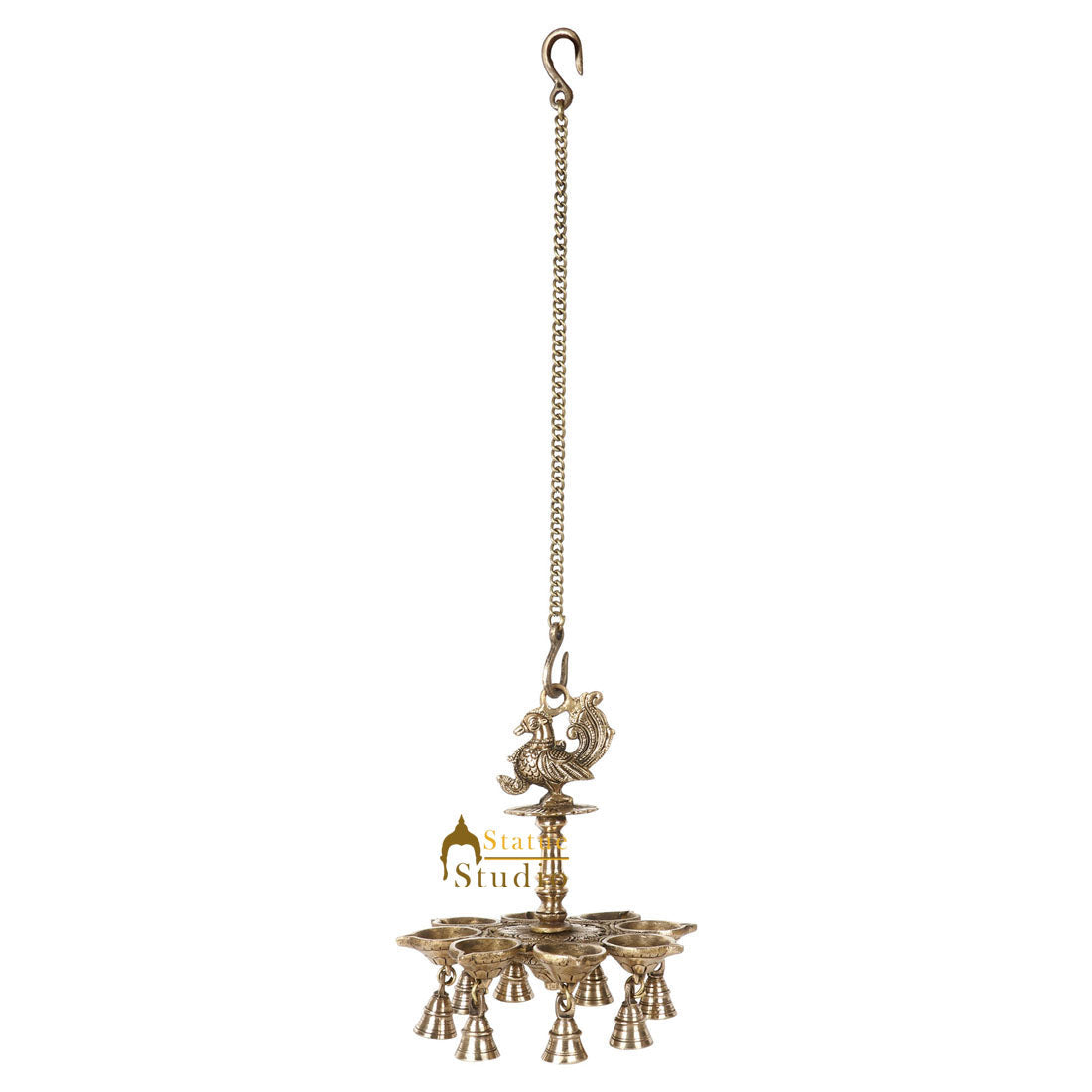 Indian Brass South Indian Style Peacock Hanging Oil Lamp Bird Temple Diya 10" - Image 3