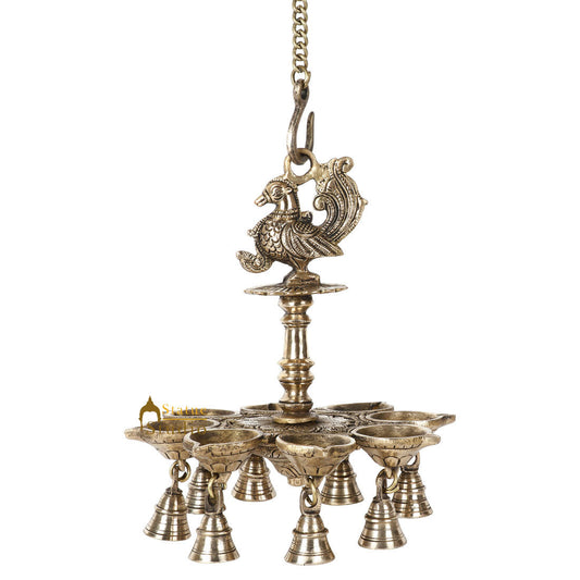 Indian Brass South Indian Style Peacock Hanging Oil Lamp Bird Temple Diya 10"
