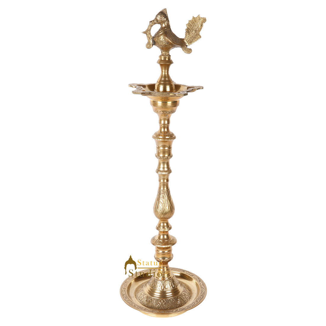 Indian Brass Religious Temple Spiritual Décor Standing Peacock Bird Diya 25" - Image 3