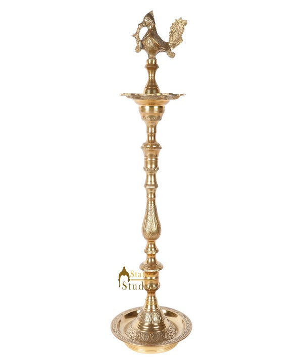 Indian Brass Religious Temple Spiritual Décor Standing Peacock Bird Diya 25" - Image 2