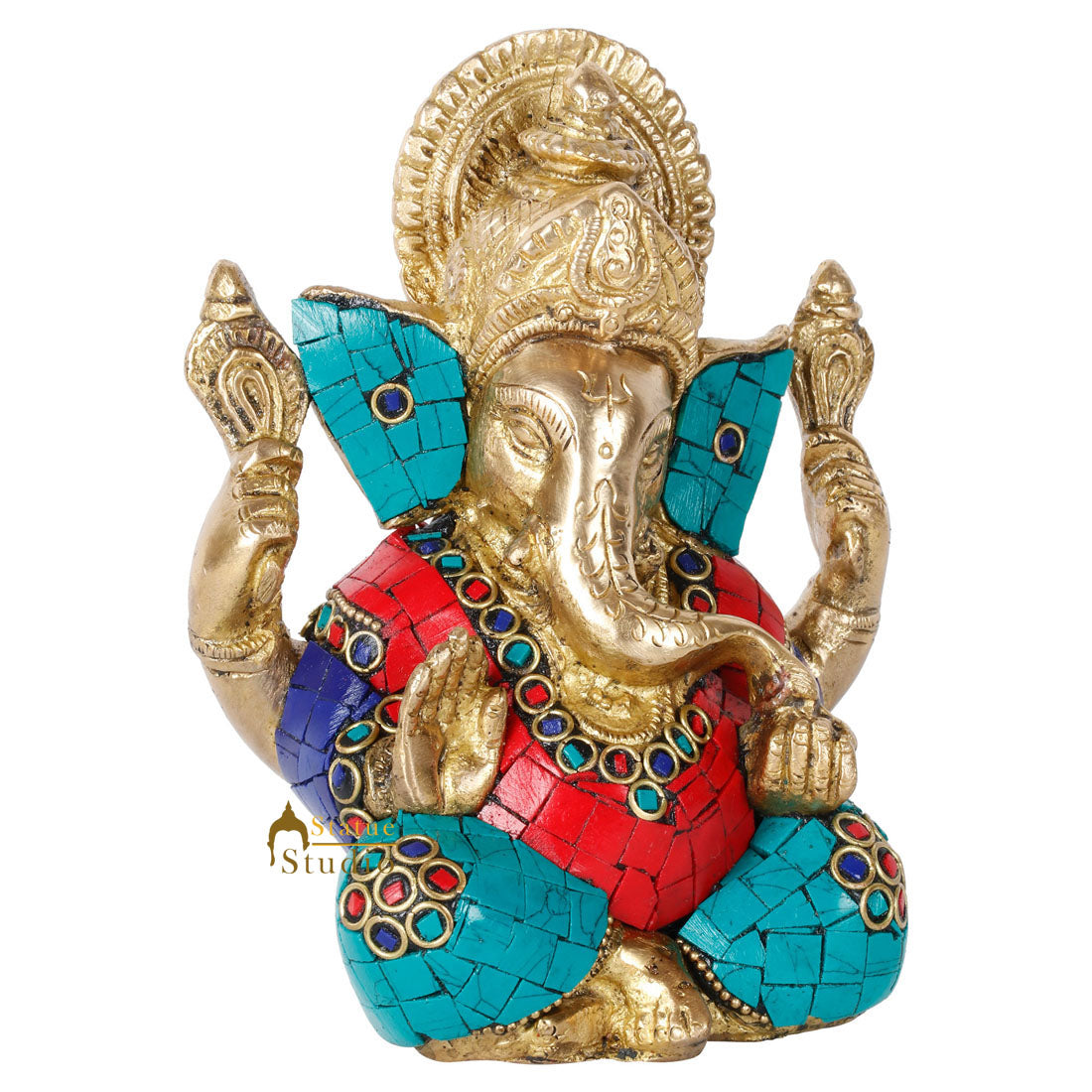 Brass Small Ganesha Idol With Stone Work 5 Inch