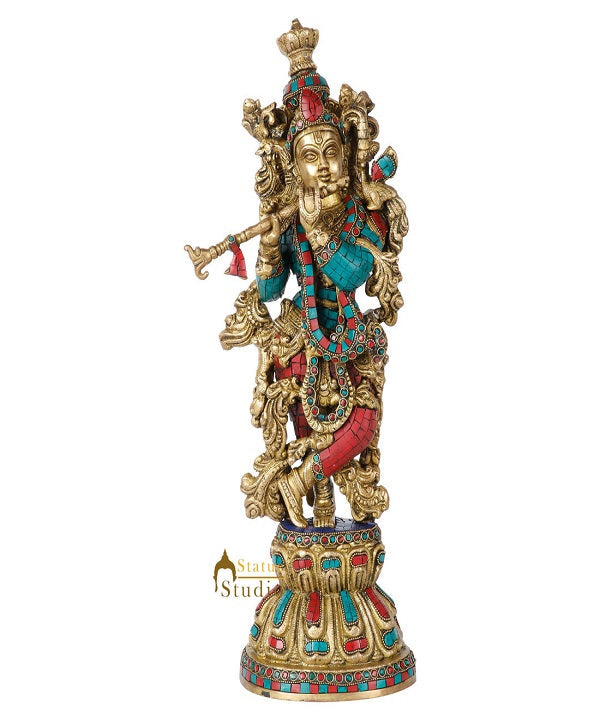 Indian Hindu God Krishna Fine Inlay Religious Décor Statue Idol Showpiece 20" - Image 2