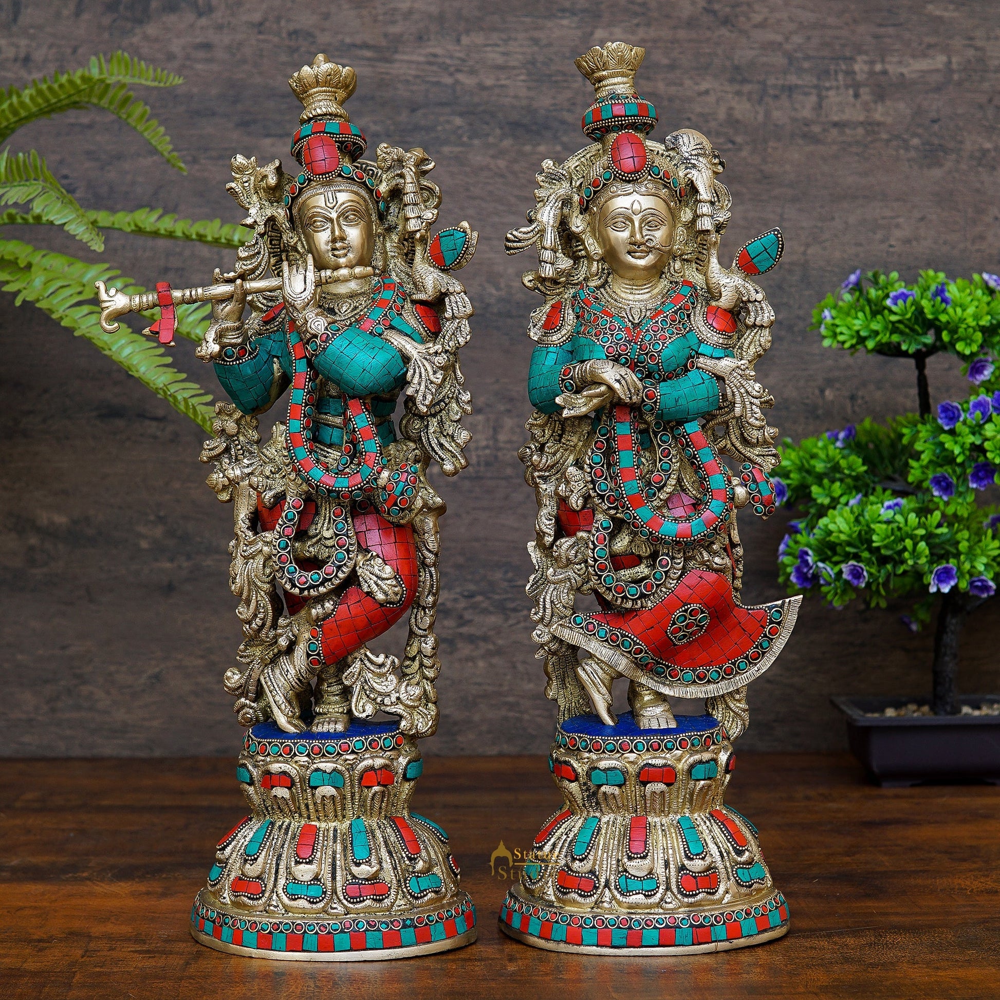 Indian Hindu God Radha Krishna Inlay Religious Décor Statue Idol Showpiece 20" - Eco-friendly - Sama Homes