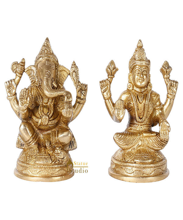 Indian Brass Hindu God Ganesh Laxmi Diwali Décor Gift Religious Idol Statue 4"