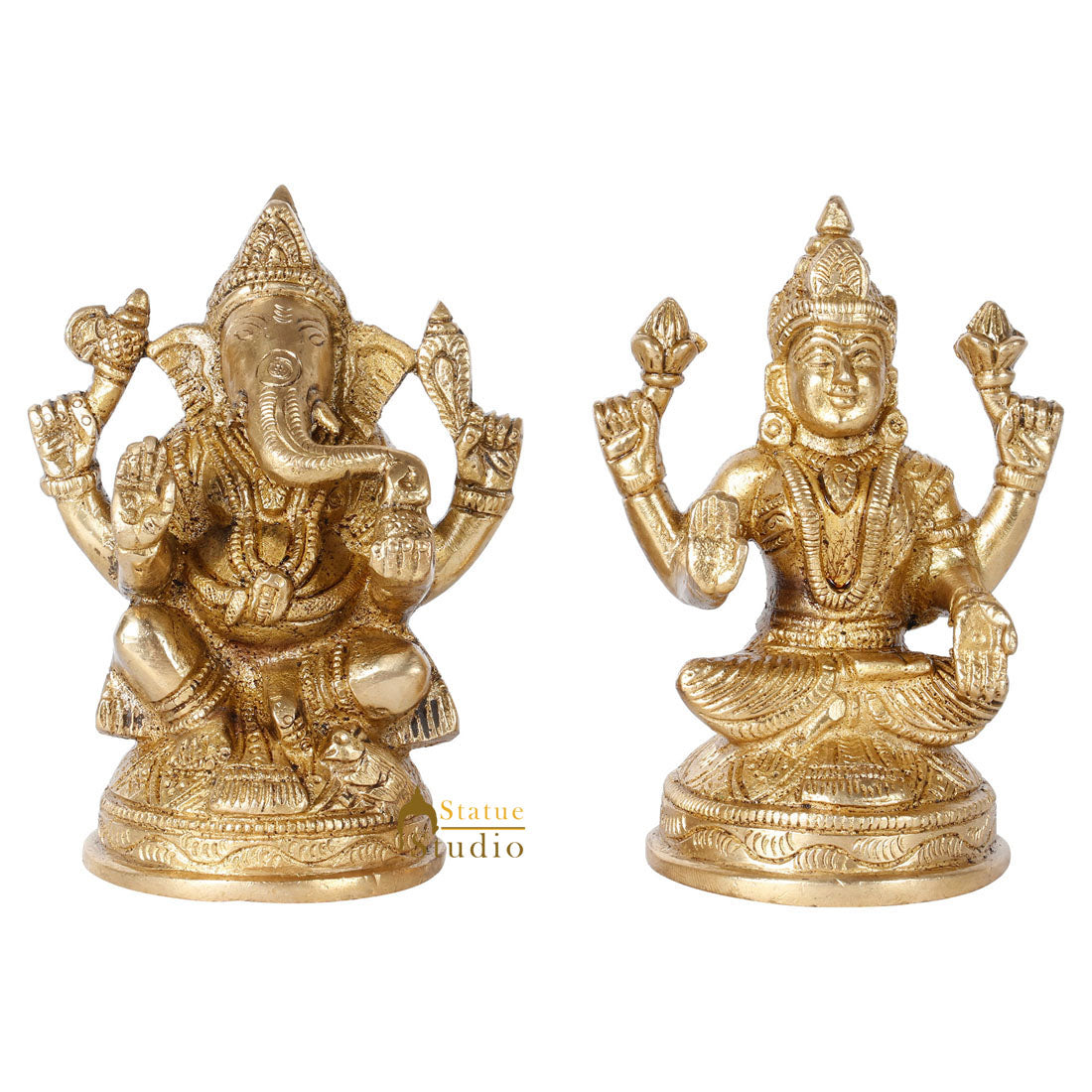 Indian Brass Hindu God Ganesh Laxmi Diwali Décor Gift Religious Idol Statue 4" - Eco-friendly - Sama Homes