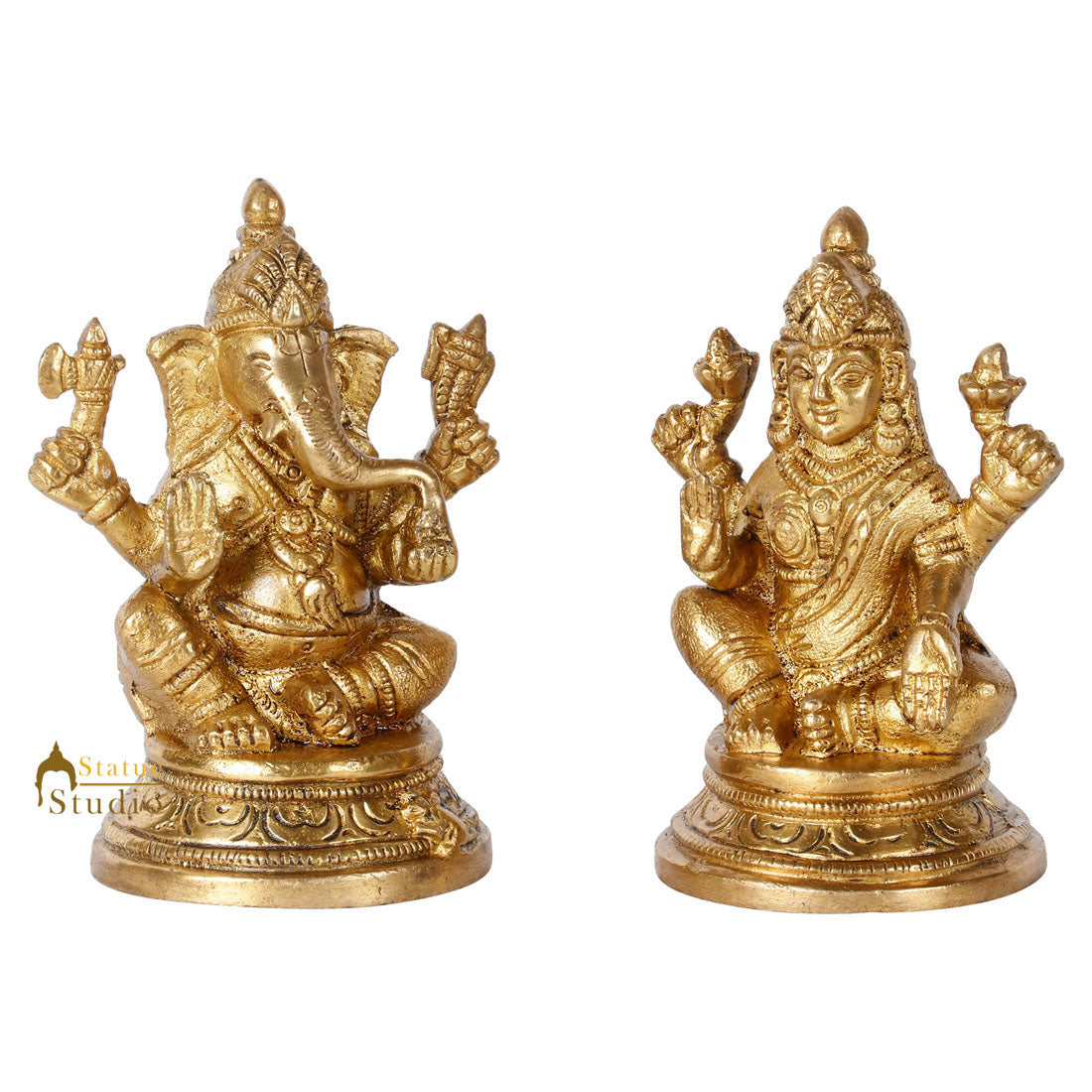 Indian Brass Hindu God Ganesh Lakshmi Diwali Décor Gift Religious Idol Statue 4"