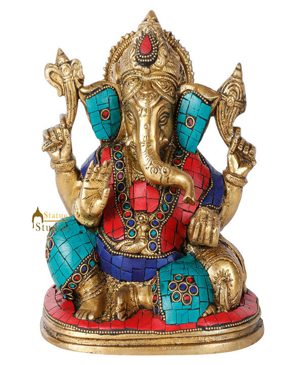 Indian Lord Hindu Deity Ganpati Inlay Statue Décor Ganesha Idol Showpiece 6" - Eco-friendly - Sama Homes