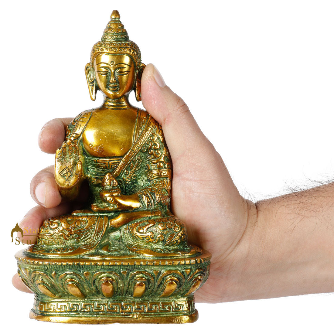 Brass Small Buddha Statue Antique Green Finish For Decor Gift 7 Inch - Image 7