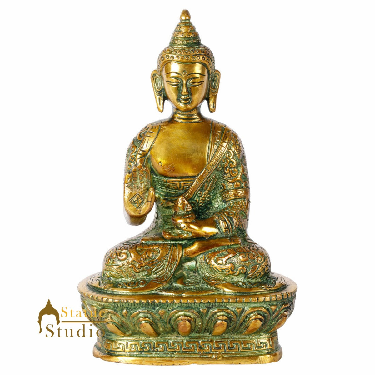 Brass Small Buddha Statue Antique Green Finish For Decor Gift 7 Inch