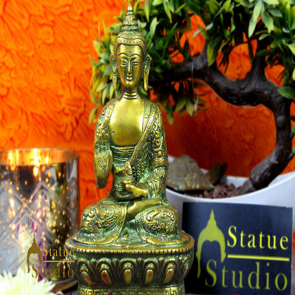 Brass Small Buddha Statue Antique Green Finish For Decor Gift 7 Inch - Image 2