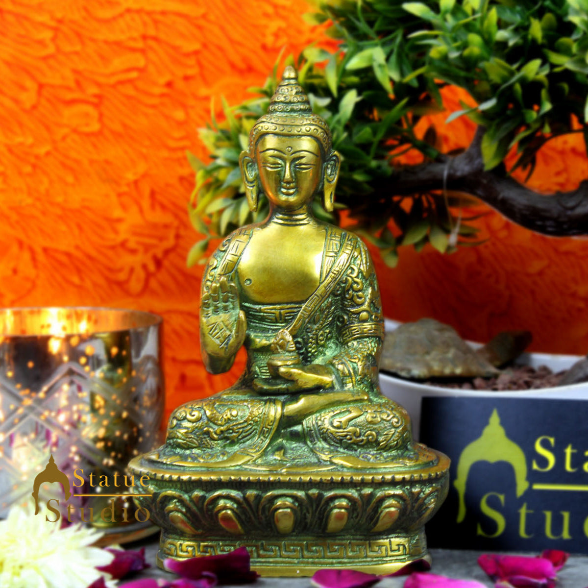 Brass Small Buddha Statue Antique Green Finish For Decor Gift 7 Inch - Eco-friendly - Sama Homes