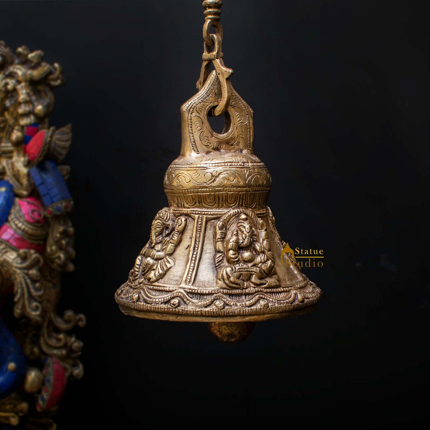 Indian Gods Carved Home Temple Religious Spiritual Brass Hanging Bell 7"