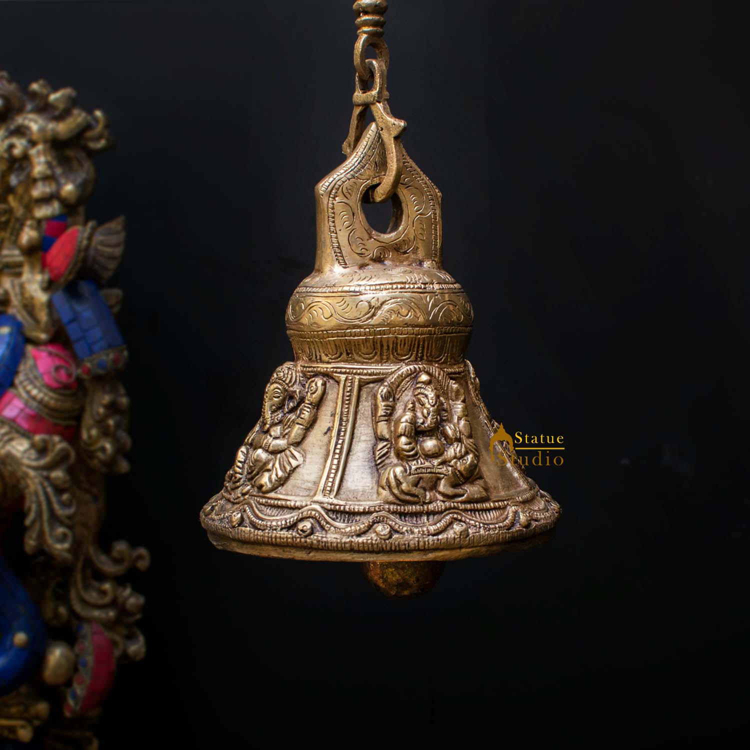 Indian Gods Carved Home Temple Religious Spiritual Brass Hanging Bell 7" - Eco-friendly - Sama Homes