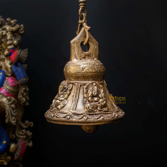 Indian Gods Carved Home Temple Religious Spiritual Brass Hanging Bell 7"
