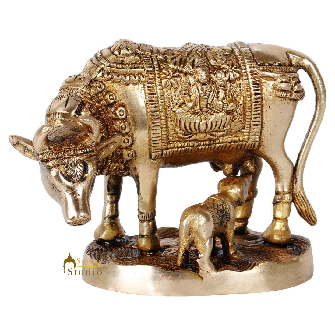 Indian Brass Handicraft Sacred Cow Calf Religious Gift Décor Idol Statue 3.5"