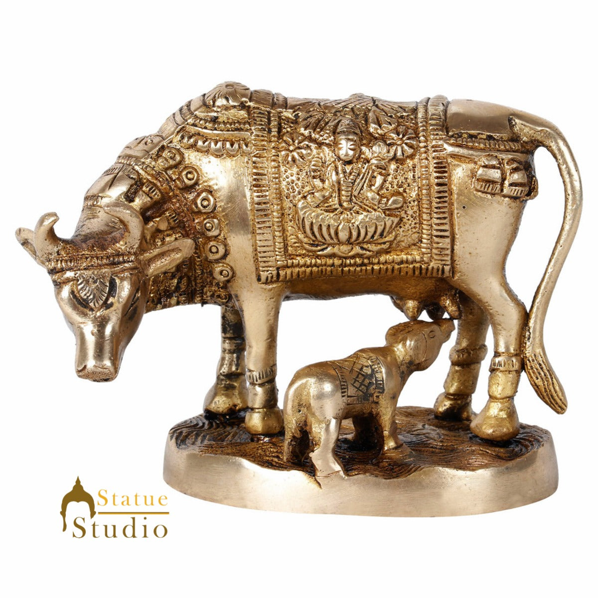 Indian Brass Handicraft Sacred Cow Calf Religious Gift Décor Idol Statue 3.5"