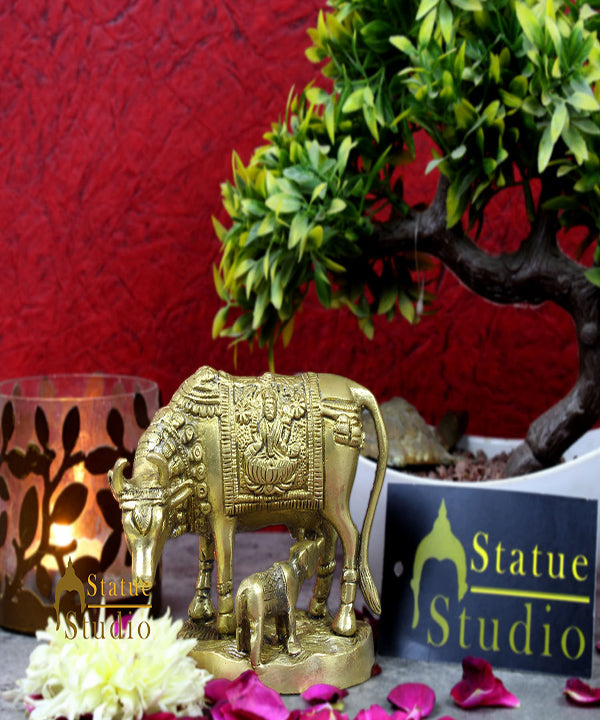 Indian Brass Handicraft Sacred Cow Calf Religious Gift Décor Idol Statue 3.5" - Image 2