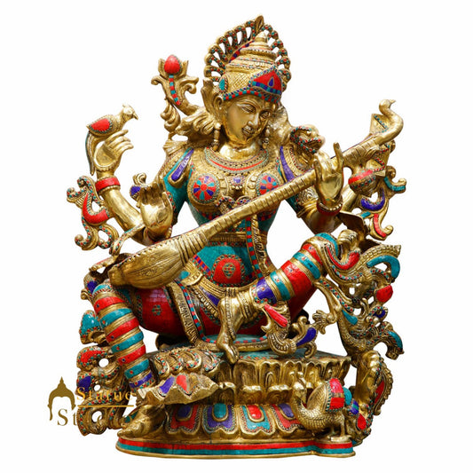 Large Size Goddess Wisdom 3 Feet Saraswati Fine Inlay Décor Statue Masterpiece