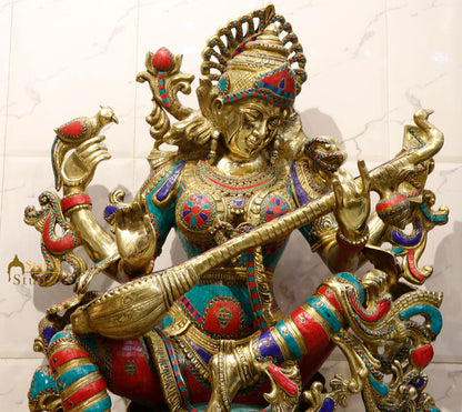 Large Size Goddess Wisdom 3 Feet Saraswati Fine Inlay Décor Statue Masterpiece by vendor-unknown - Hindu Gods (View 4)