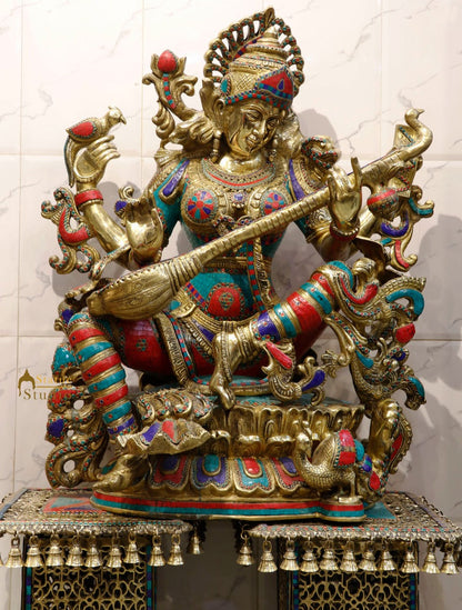 Large Size Goddess Wisdom 3 Feet Saraswati Fine Inlay Décor Statue Masterpiece by vendor-unknown - Hindu Gods (View 3)