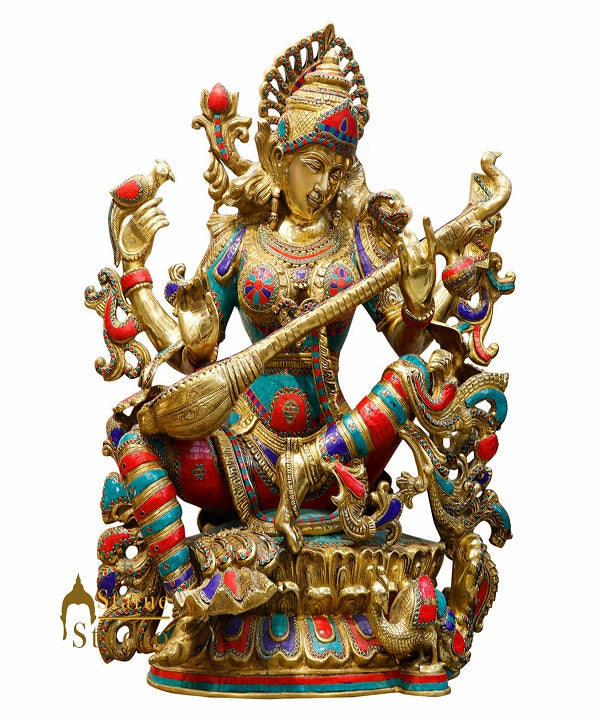 Large Size Goddess Wisdom 3 Feet Saraswati Fine Inlay Décor Statue Masterpiece - Image 2