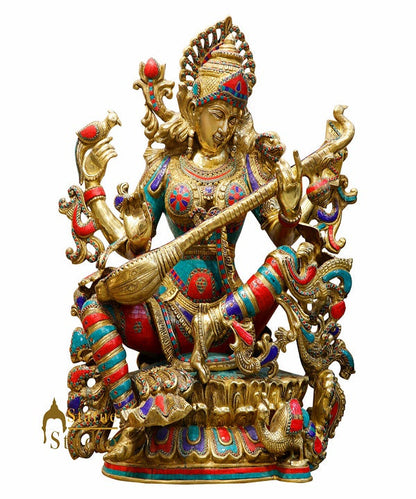 Large Size Goddess Wisdom 3 Feet Saraswati Fine Inlay Décor Statue Masterpiece by vendor-unknown - Hindu Gods (View 2)