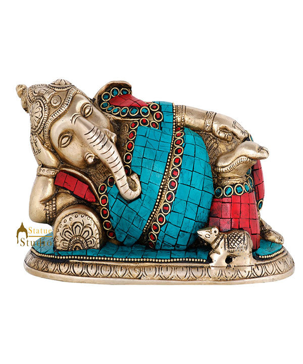 Brass Indian Inlay Sleeping Resting Ganpati Statue Ganesha Décor Gift Idol 4.5"