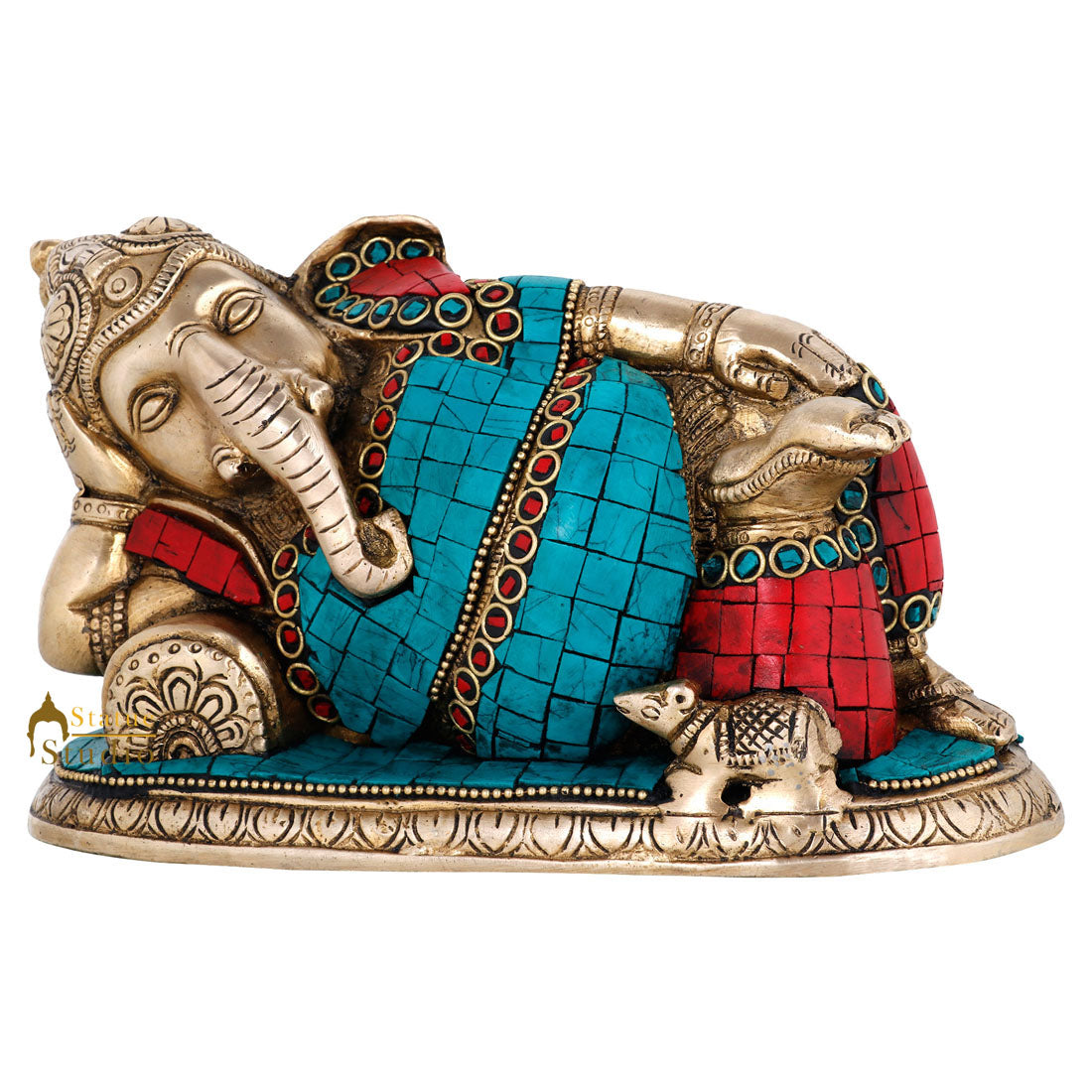 Brass Indian Inlay Sleeping Resting Ganpati Statue Ganesha Décor Gift Idol 4.5"