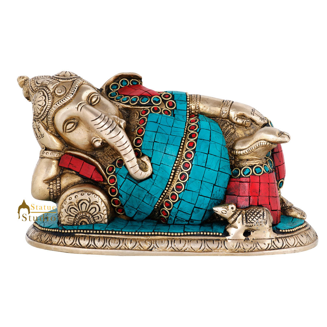 Brass Indian Inlay Sleeping Resting Ganpati Statue Ganesha Décor Gift Idol 4.5" - Image 2