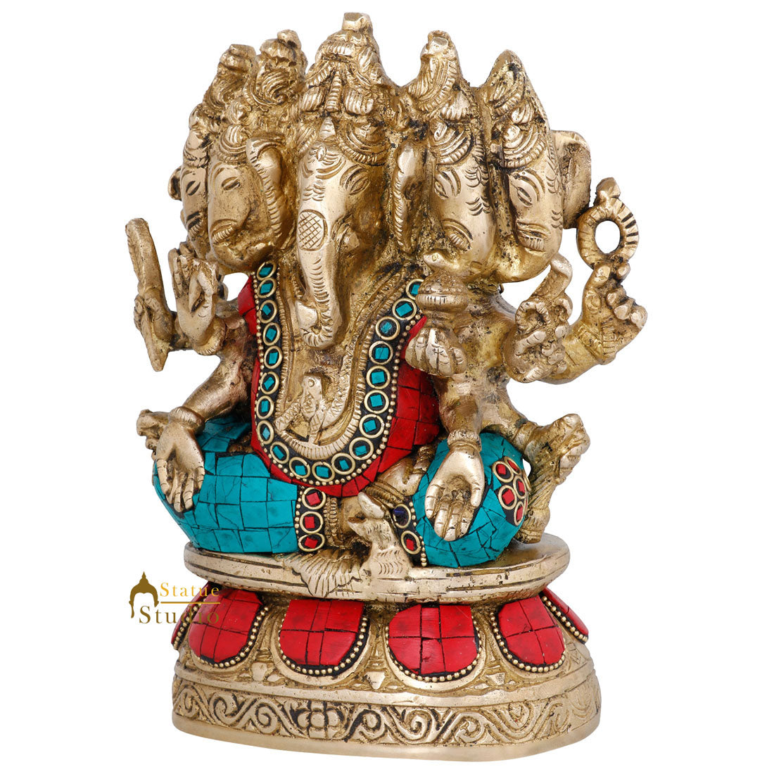 Brass Inlay Panchmukhi Ganpati Statue Ganesha Décor Gift Idol Showpiece 7"