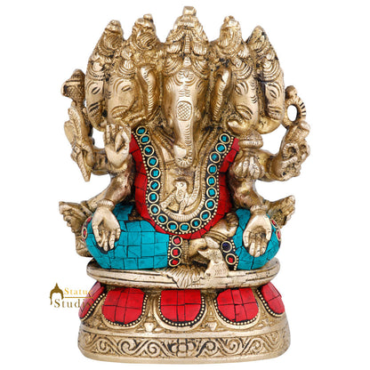 Brass Inlay Panchmukhi Ganpati Statue Ganesha Décor Gift Idol Showpiece 7" by vendor-unknown - Hindu Gods (View 2)