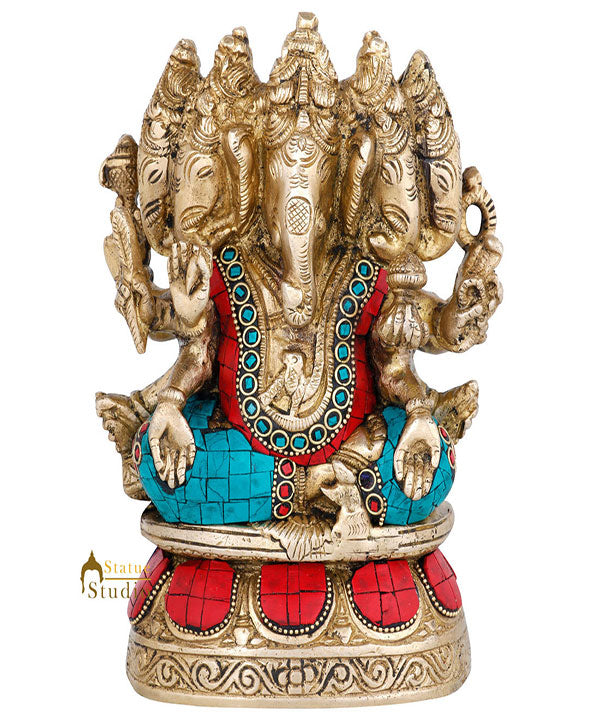 Brass Inlay Panchmukhi Ganpati Statue Ganesha Décor Gift Idol Showpiece 7" - Eco-friendly - Sama Homes