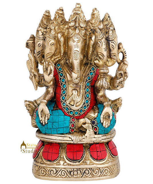 Brass Inlay Panchmukhi Ganpati Statue Ganesha Décor Gift Idol Showpiece 7"