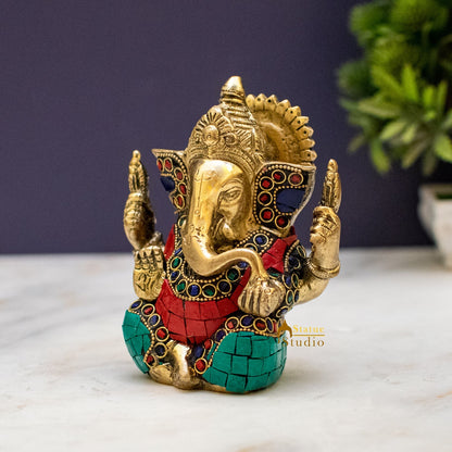Brass Inlay Small Ganpati Ganesha Corporate Diwali Lucky Gift Décor Statue 4.5" by vendor-unknown - Hindu Gods (View 3)