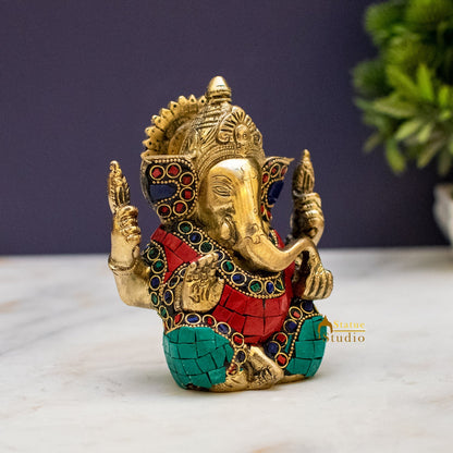 Brass Inlay Small Ganpati Ganesha Corporate Diwali Lucky Gift Décor Statue 4.5" by vendor-unknown - Hindu Gods (View 4)