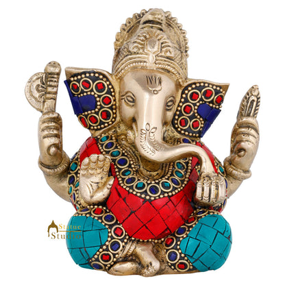 Brass Inlay Small Ganpati Ganesha Corporate Diwali Lucky Gift Décor Statue 4.5" by vendor-unknown - Hindu Gods (View 6)
