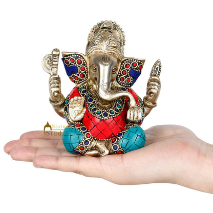 Brass Inlay Small Ganpati Ganesha Corporate Diwali Lucky Gift Décor Statue 4.5" by vendor-unknown - Hindu Gods (View 7)