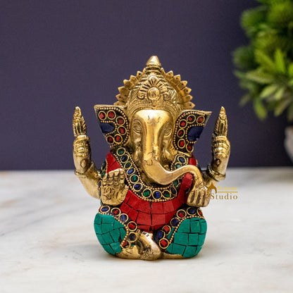 Brass Inlay Small Ganpati Ganesha Corporate Diwali Lucky Gift Décor Statue 4.5" by vendor-unknown - Hindu Gods (View 2)