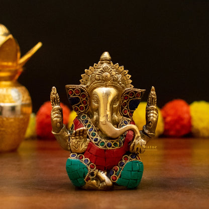 Brass Inlay Small Ganpati Ganesha Corporate Diwali Lucky Gift Décor Statue 4.5" by vendor-unknown - Hindu Gods