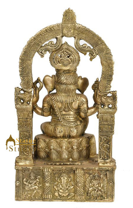 Lord Ganesha Statue Ganpati Murti Idol On Base Carved with Indian Deities 20"