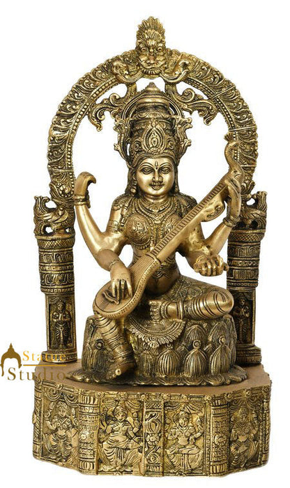 Goddess Of Wisdom Saraswati Statue Idol On Base Carved with Indian Deities 20" by vendor-unknown - Hindu Gods (View 2)