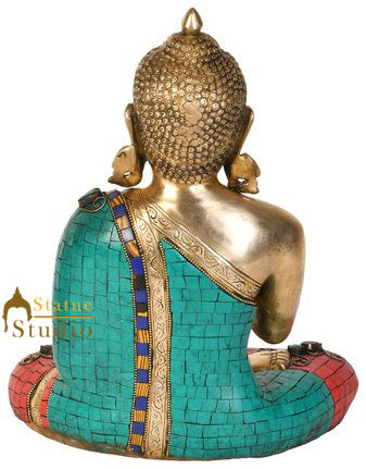 Indian Fine Brass Inlay Gautam Buddha Statue Idol Décor Gifting Figurine 13" - Image 3