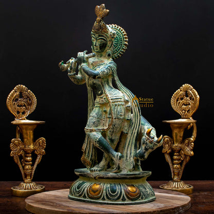 Brass Krishna Statue in Antique Finish 13" by StatueStudio by StatueStudio - Hindu Gods (View 4)